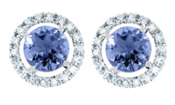 Gemstone Stud Earring Halo Setting with a blue Tanzanite in White Gold