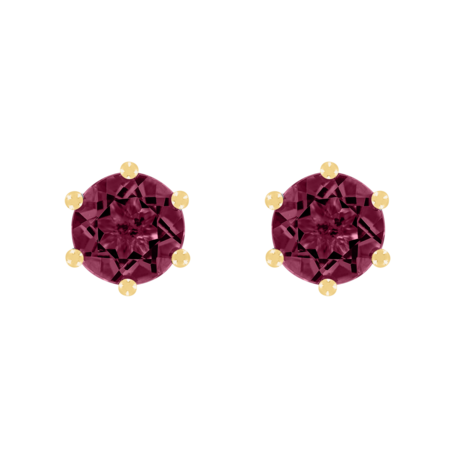 Stud Earrings 6 Prongs Rhodolite red in Yellow Gold