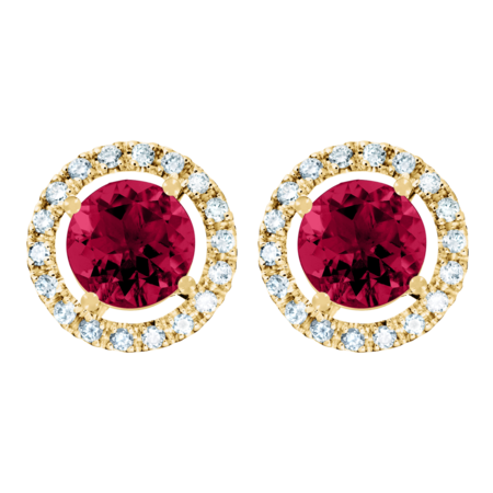 Stud Earrings Halo Ruby red in Yellow Gold