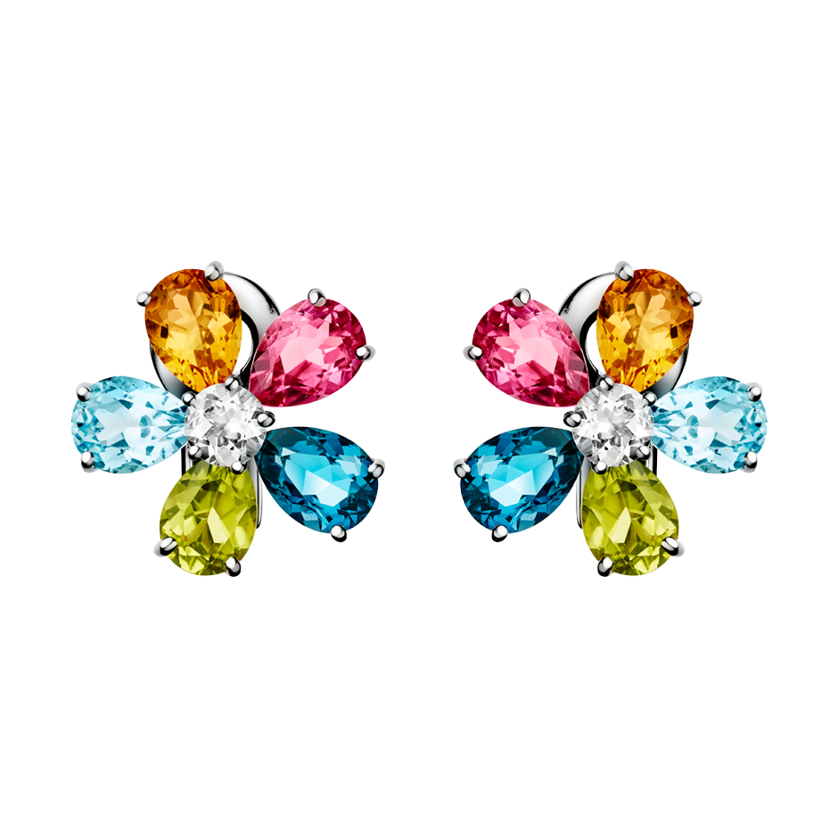 Flowers Stud Earrings Colourful in White Gold