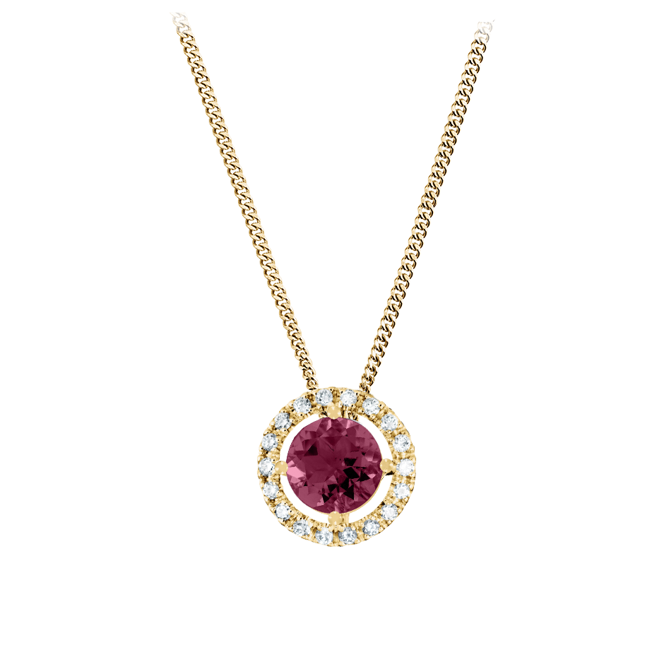 Pendant Halo Rhodolite red in Yellow Gold